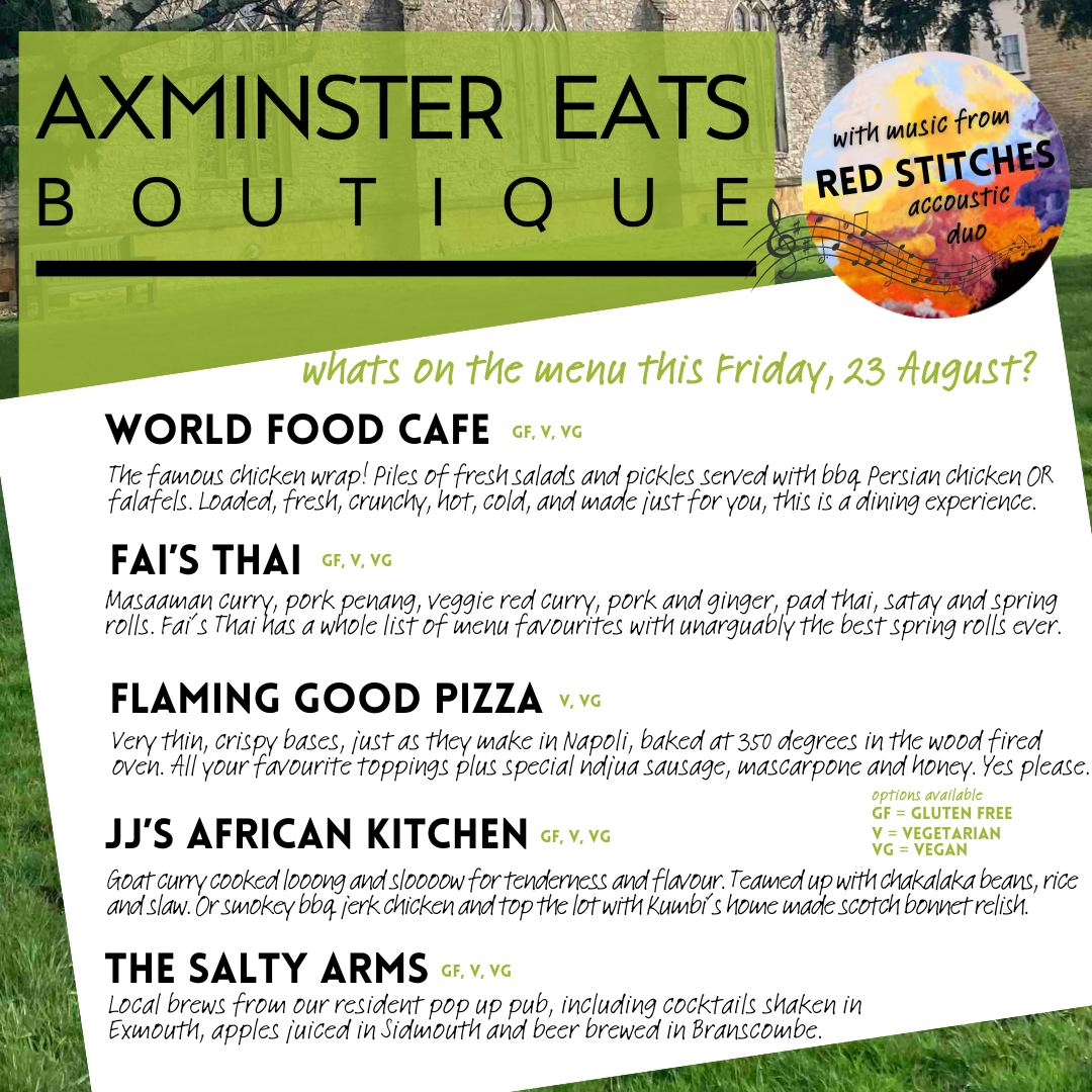 Axminster street food Eats market Thai food, pizza, Caribbean, Persian and local beverages