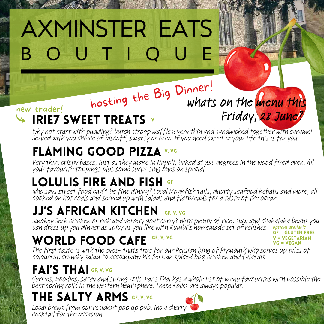 Axminster Big Dinner Cherry Fayre 2024 menu includeds pizza, bbq fish, stroop waffles, Thai, Persian chicken wraps and African flavours.