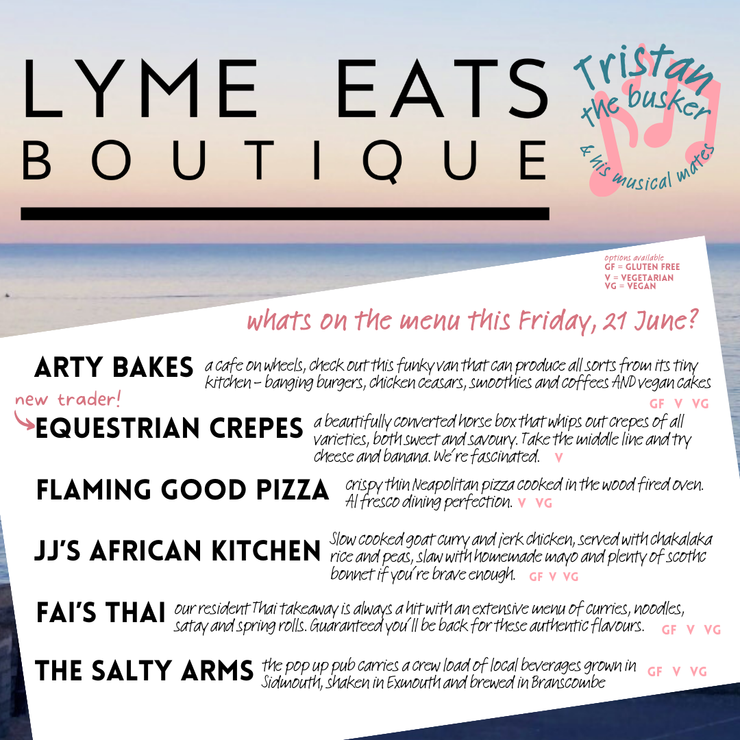 Lyme Eats Boutique evening street food market food fayre with Thia, pizza, crepes, Caribbean, burgers, salads and mobile bar