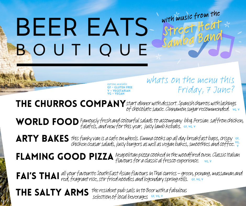 menu includes churros, chicken wraps, lamb kebabs, pizza, burgers and breakfast baps, smoothies, Thai and local beverages from the pop up pub.