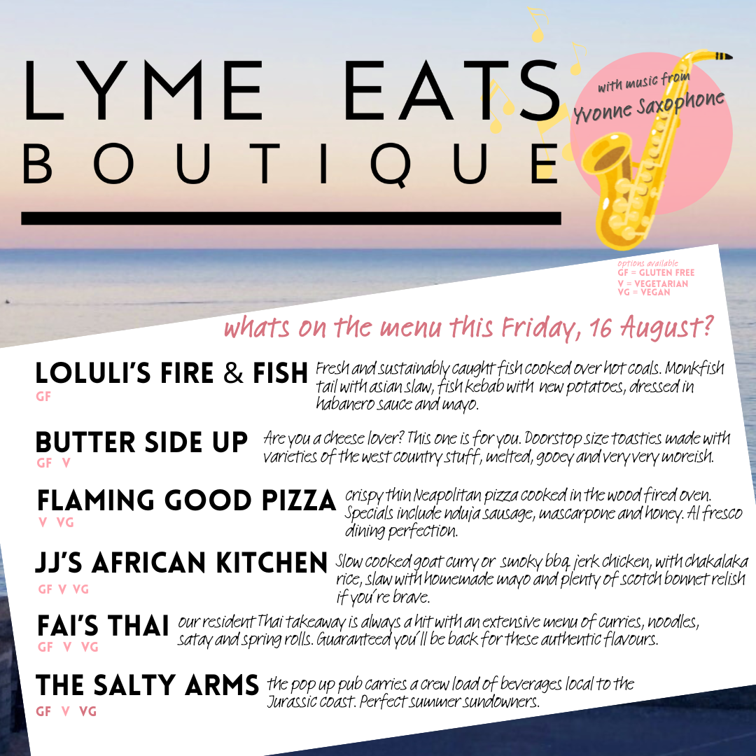 Lyme Regis evening street food market 3rd Friday free entry family friendly