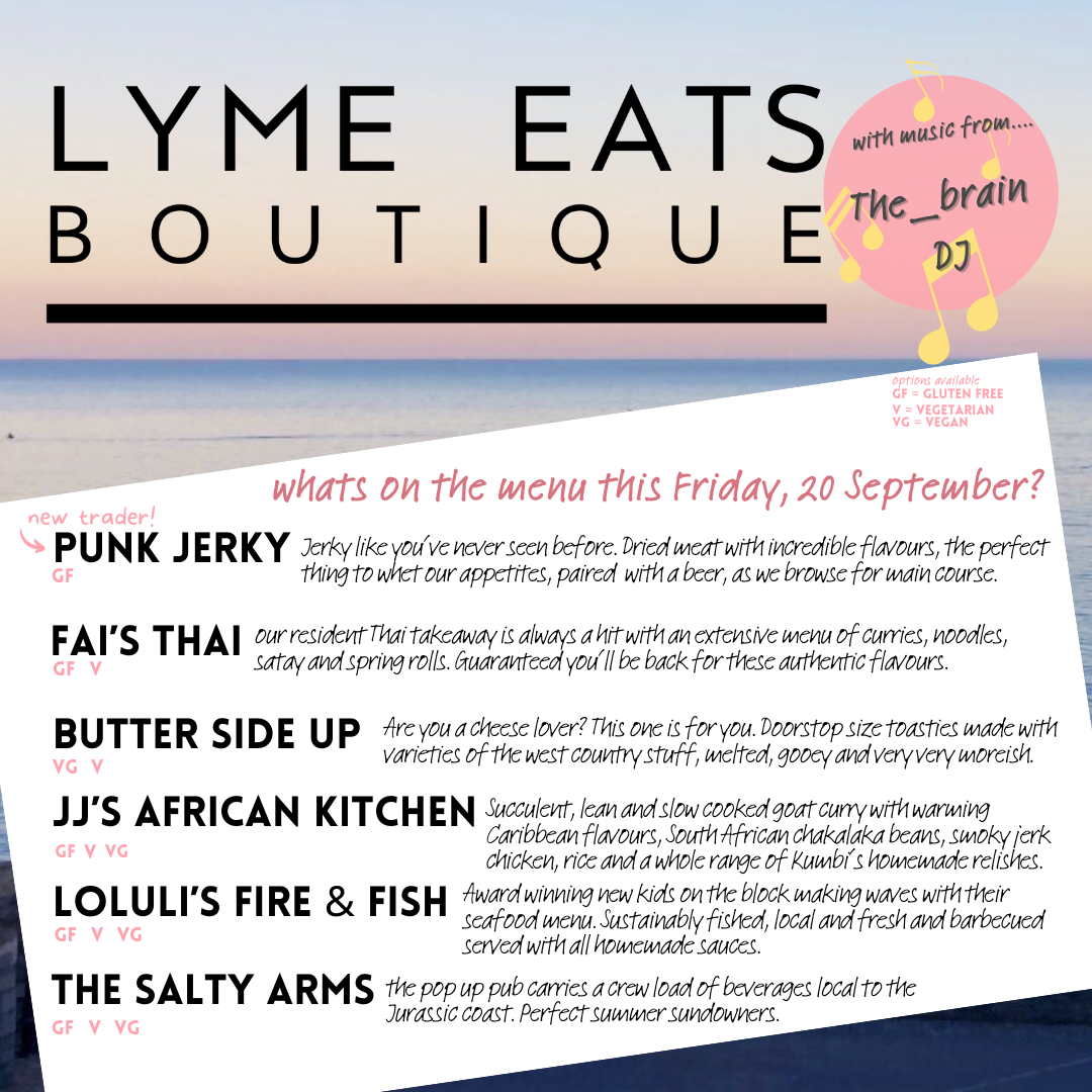 Lyme Regis street food market 20 Sept 2024 includes Thai, bbq fish, Caribbean, jerky, cheese toasties and The Salty Arms mobile bar